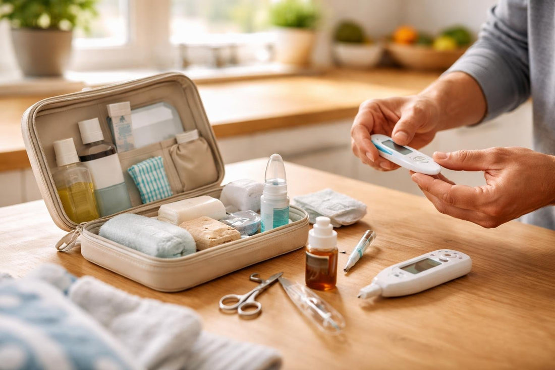Parent checking baby health kit supplies at home