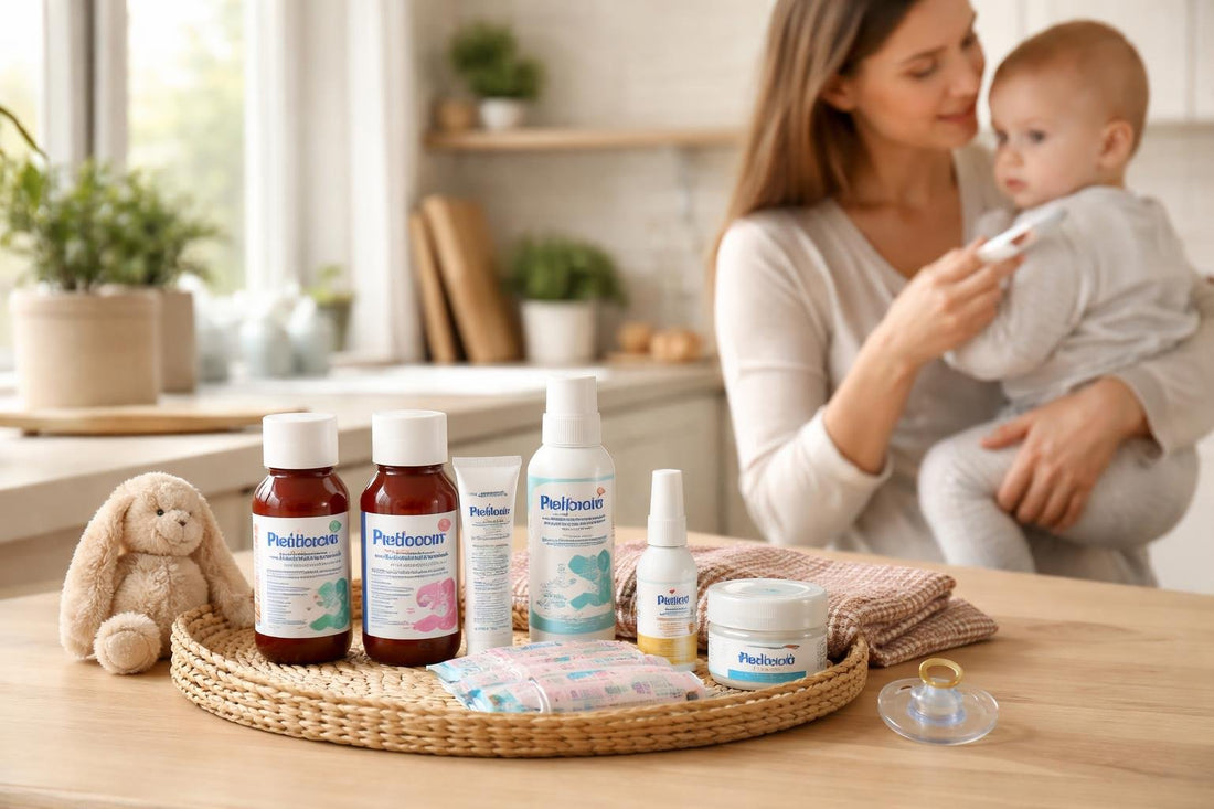 Parent holding baby while checking temperature at home
