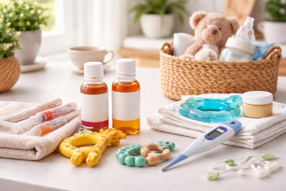 Baby teething relief essentials laid out for parents