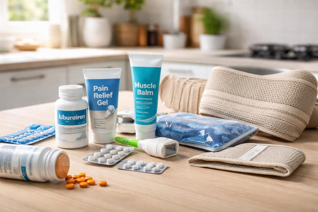 Assorted back pain relief treatments and devices on table