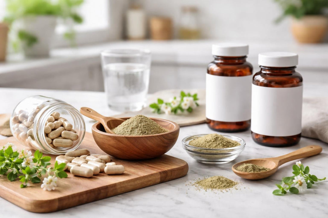 Bacopa monnieri capsules and powder on a kitchen counter