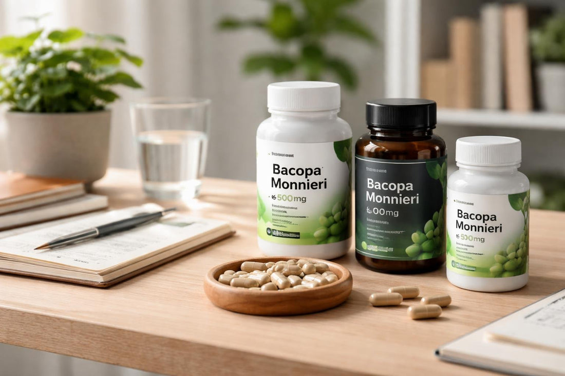 Bacopa supplements bottles and capsules on desk