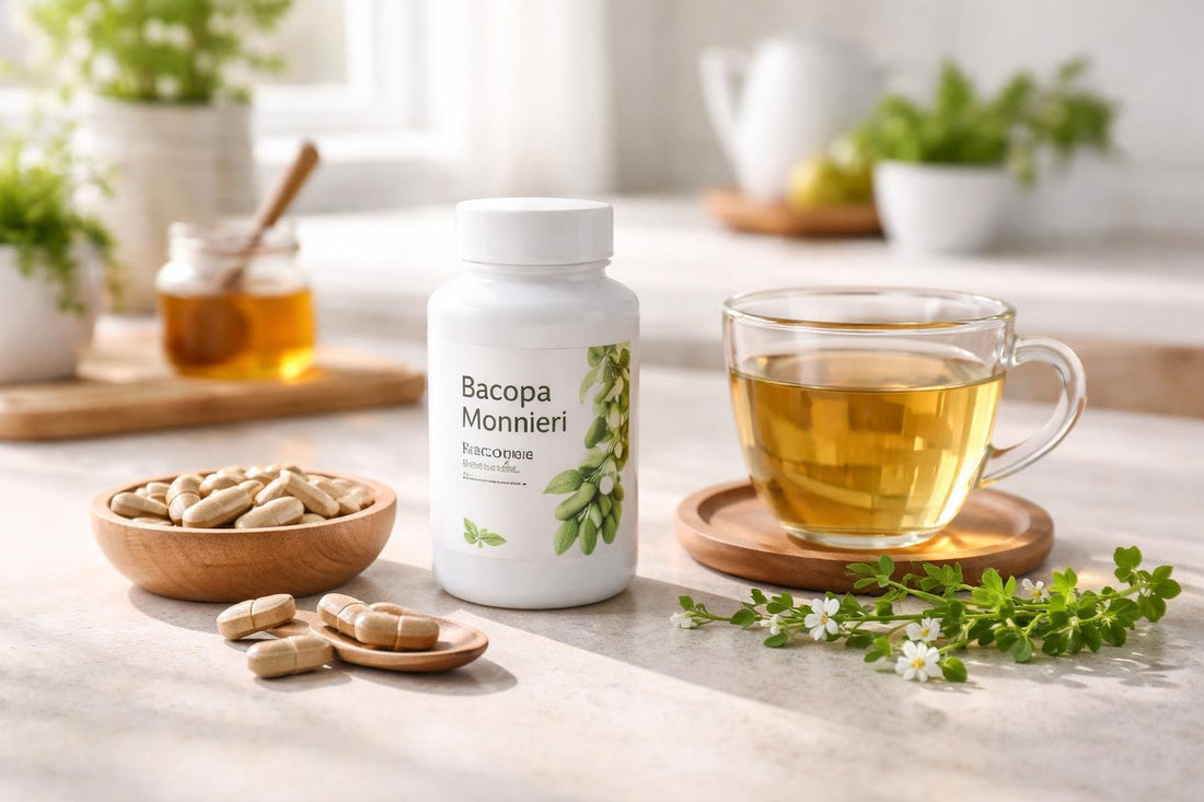 Bacopa monnieri capsules and tea on a kitchen table
