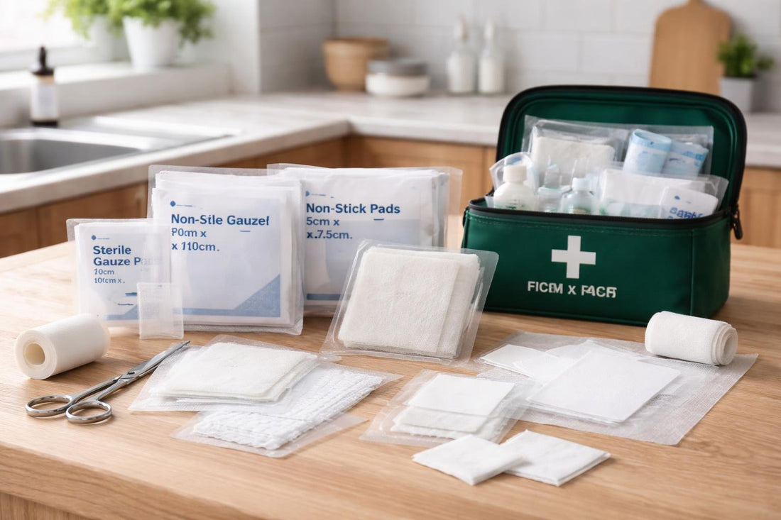 Assorted first aid bandaging pads in UK kit