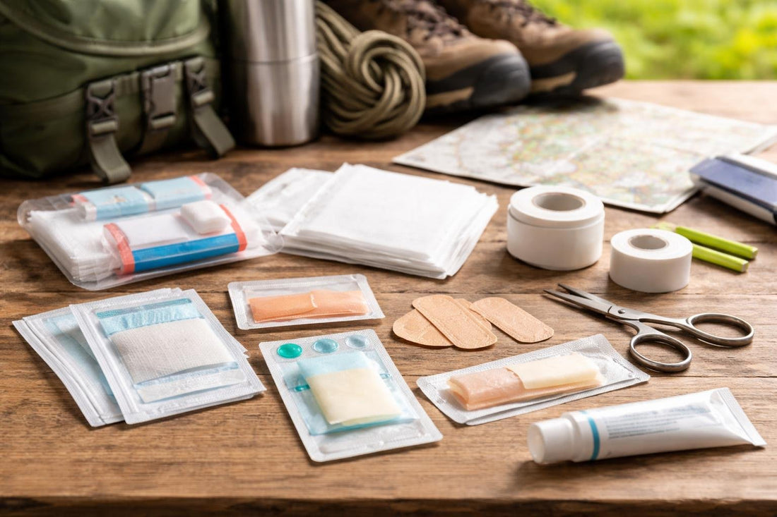 assorted hiking bandaging pads and dressings