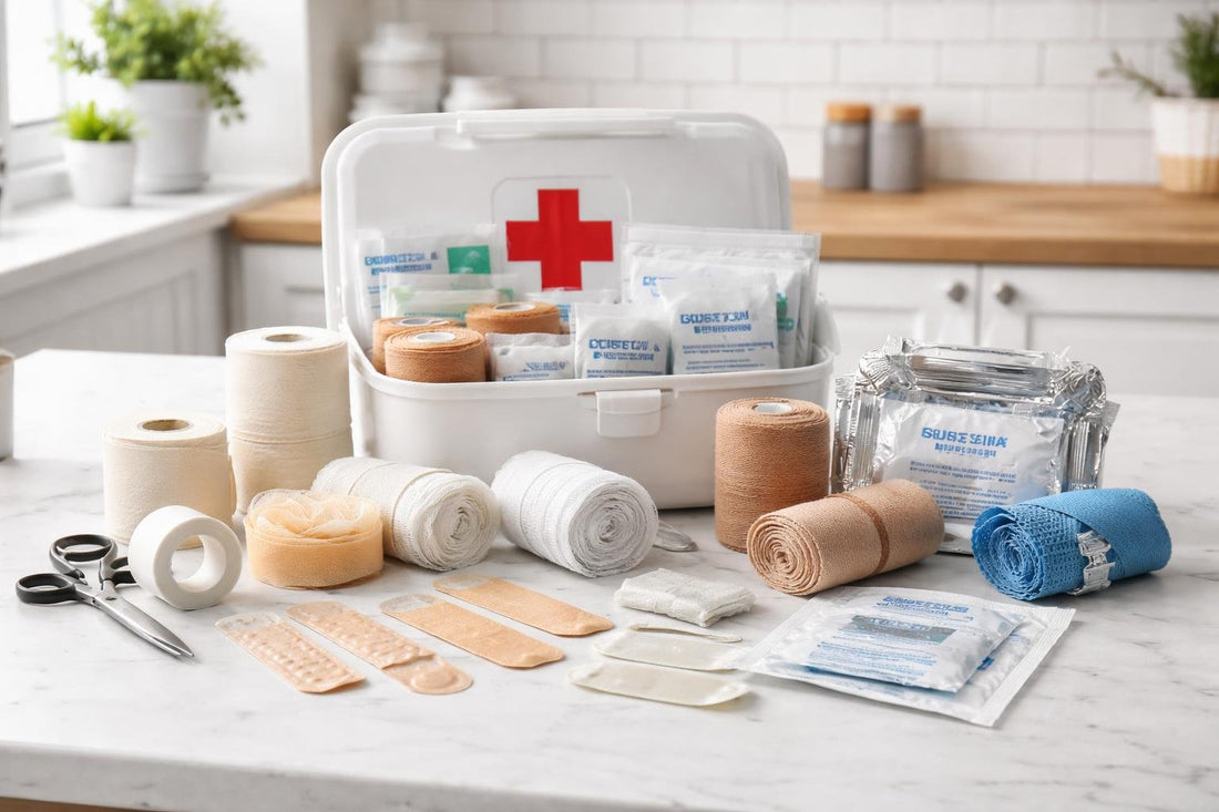 Assorted bandages and bandaging supplies for home kits