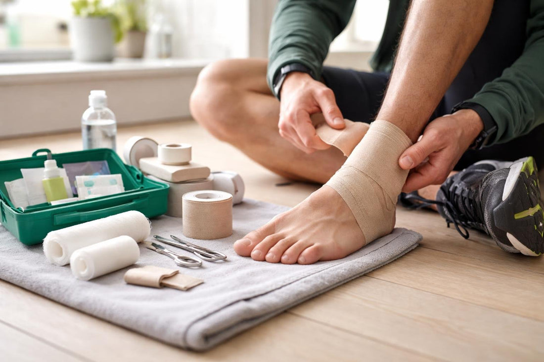 Runner applying cohesive bandage for ankle support