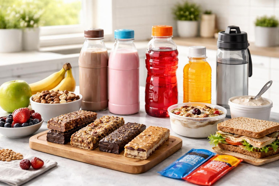 selection of nutrition bars and on-the-go drinks