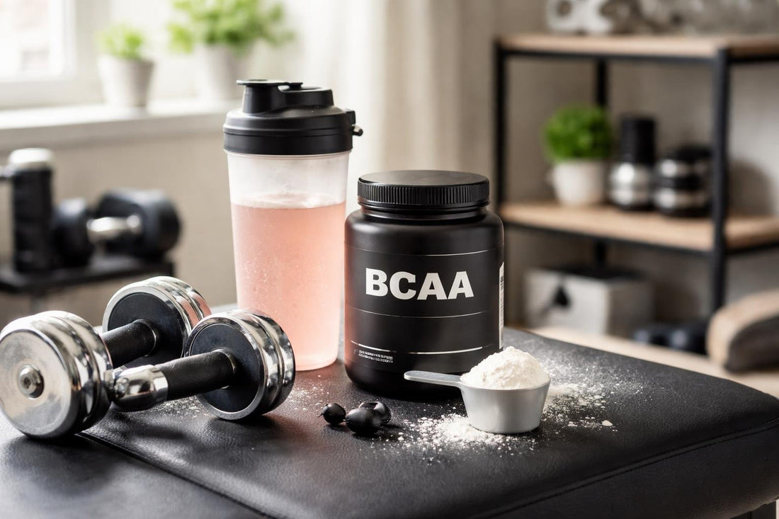 Gym bottle, BCAA powder and weights on bench