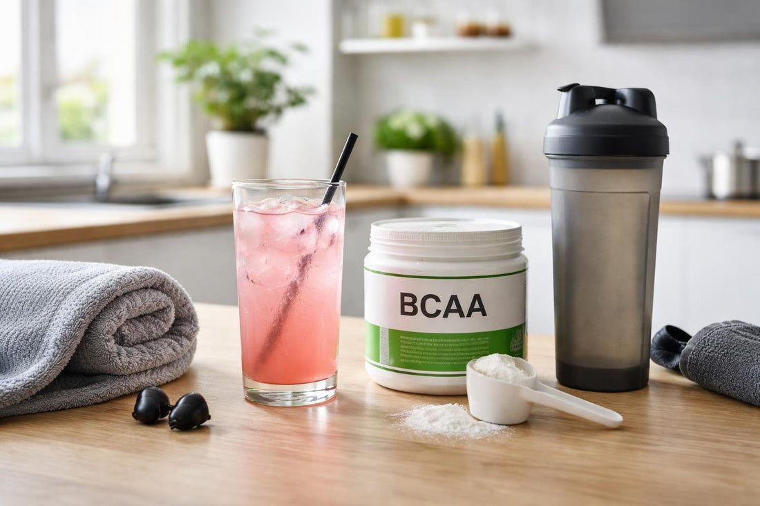 BCAA powder drink beside gym towel and shaker