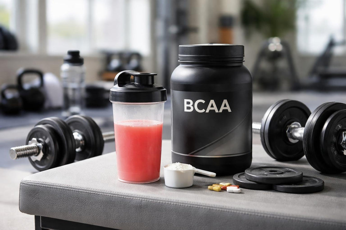 BCAA powder shaker beside dumbbells in a UK gym