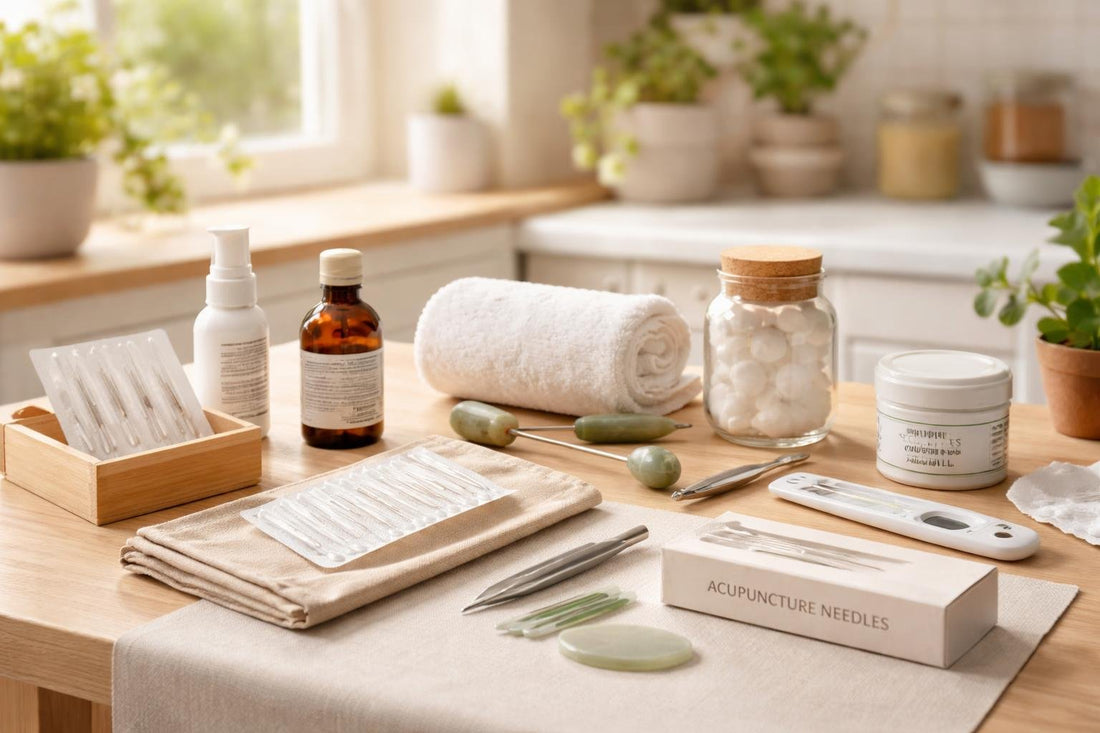 Beginner acupuncture essentials kit laid out neatly on table