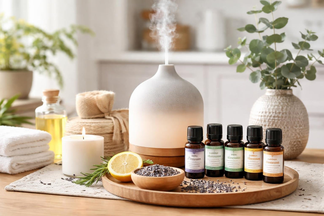 Beginner aromatherapy essentials collection with diffuser and oils