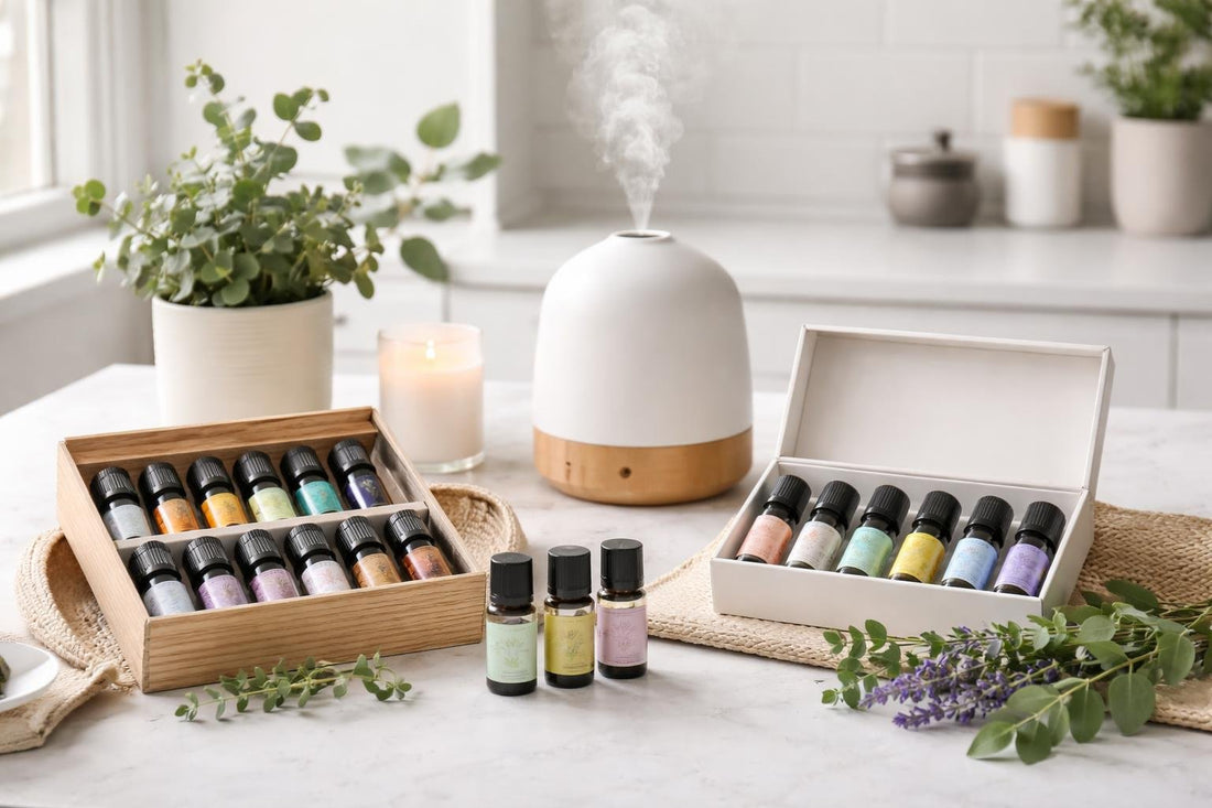 Beginner aromatherapy essential oil sets arranged beside a diffuser