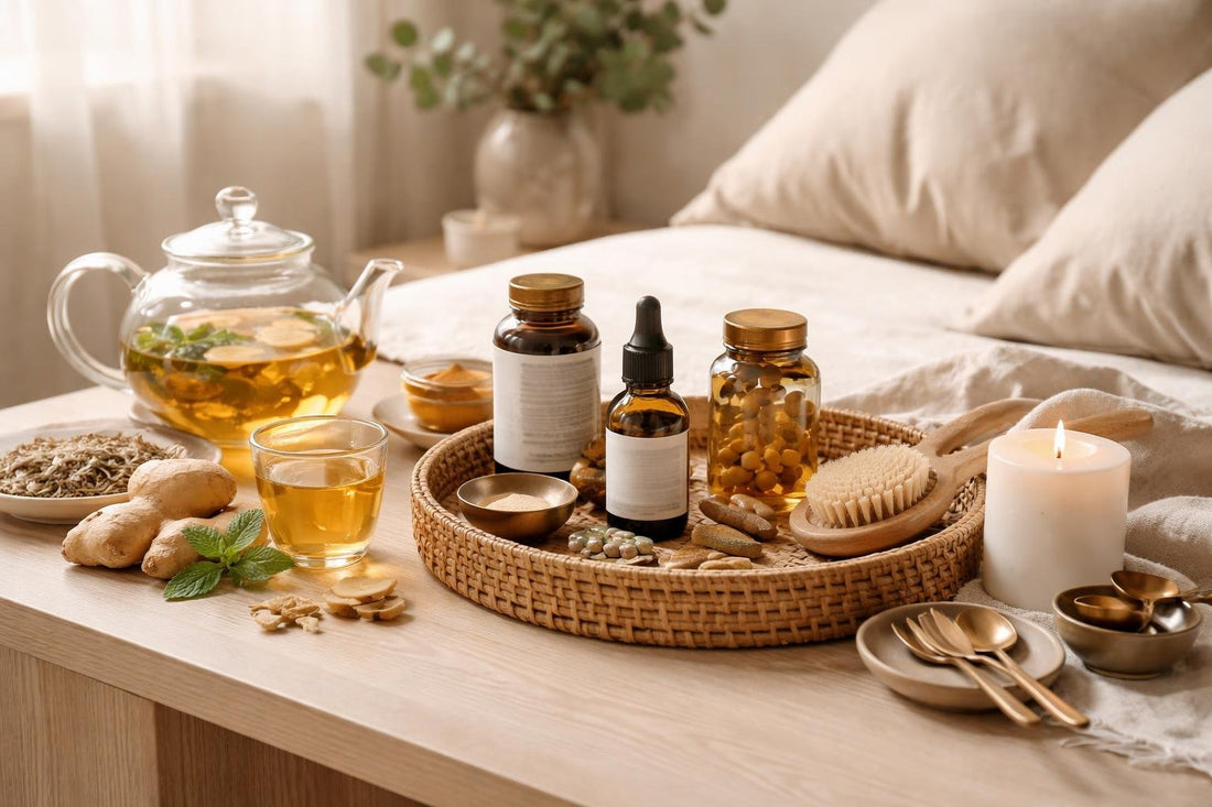 Beginner ayurveda daily routine essentials on a cosy bedside table