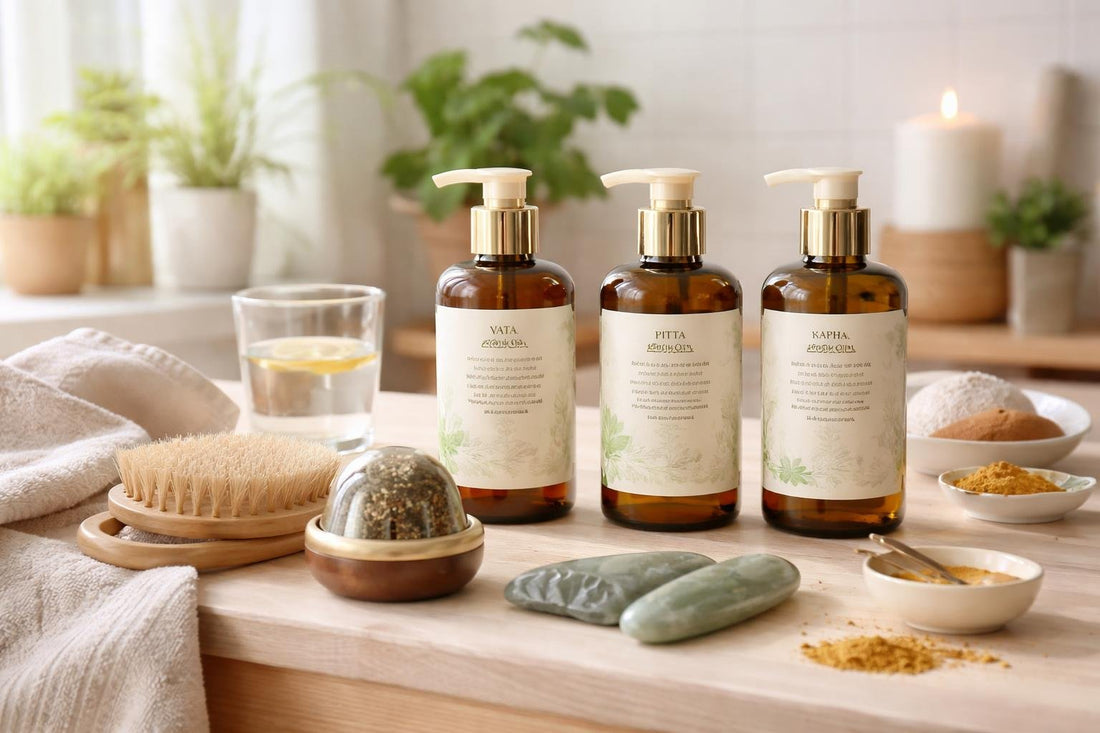 Beginner Ayurvedic massage oils and tools laid out neatly