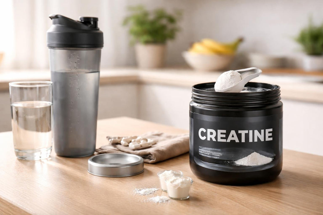 Beginner measuring creatine powder beside shaker and water