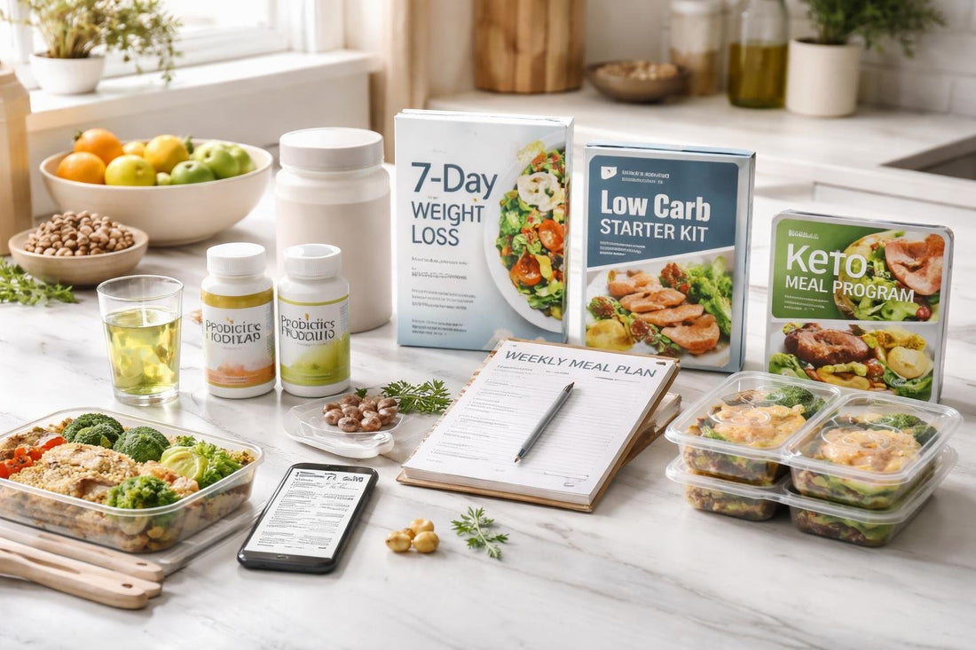 Beginner-friendly diet kits and systems laid out on a table