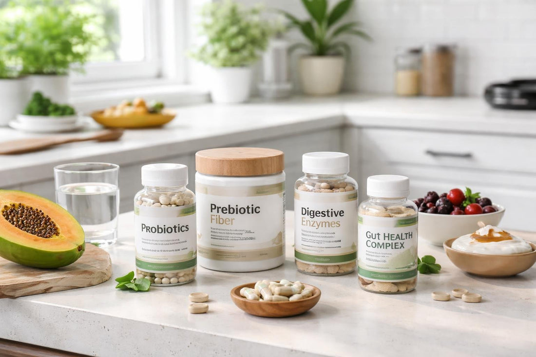 Beginner-friendly digestive nutritional supplements on a kitchen counter