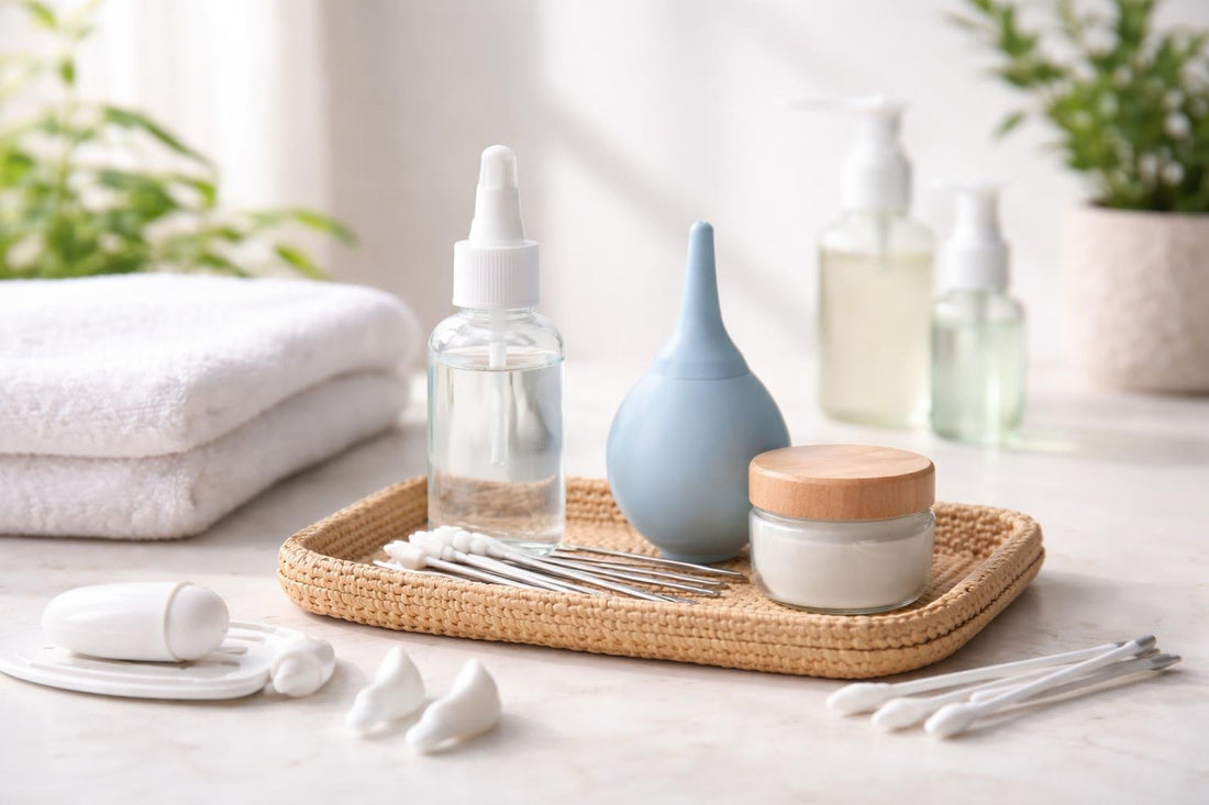 Beginner-friendly ear care products arranged for safe home use