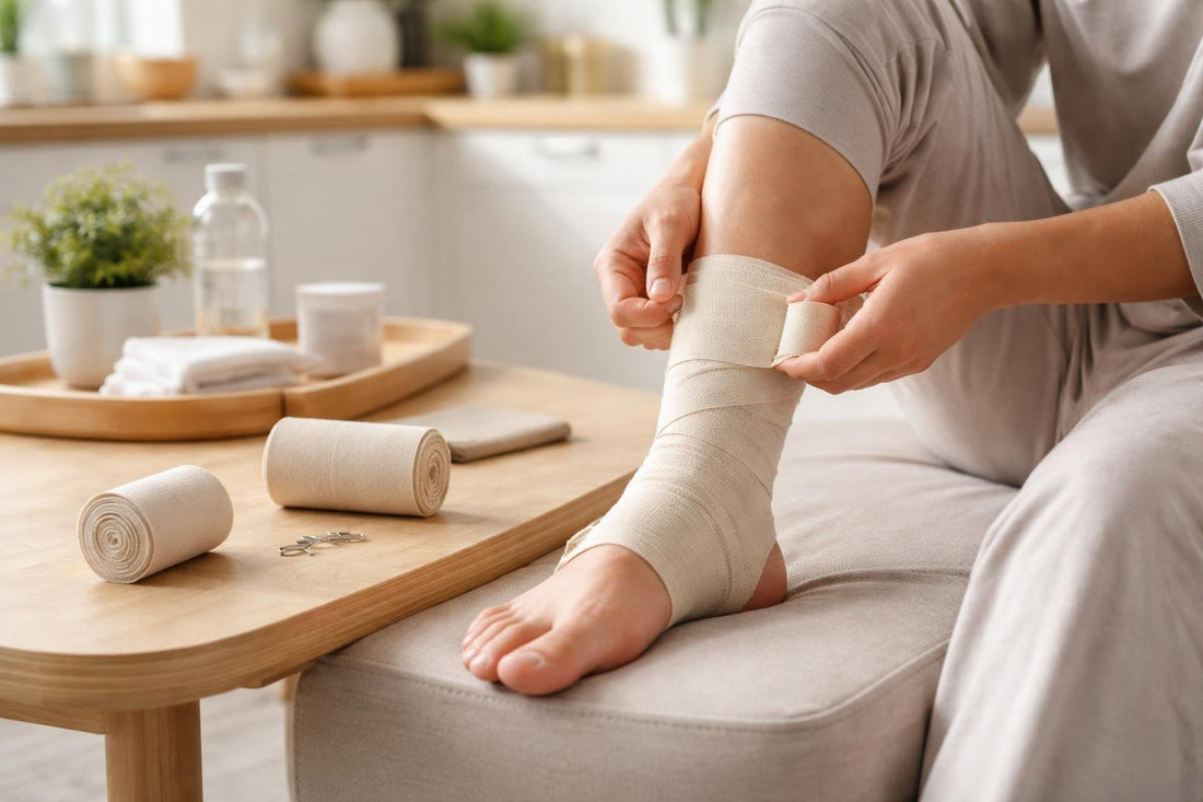 Beginner applying elastic bandage wrap for comfortable ankle support