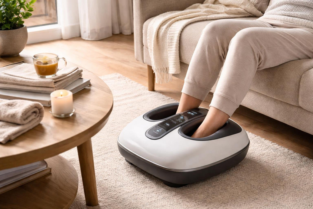 Beginner using electric foot massager at home in UK