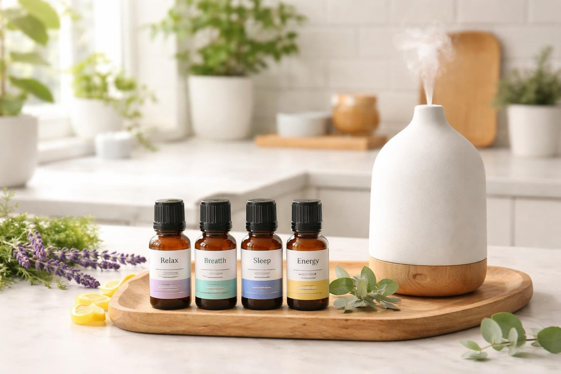 Beginner essential oil blends arranged beside a home diffuser