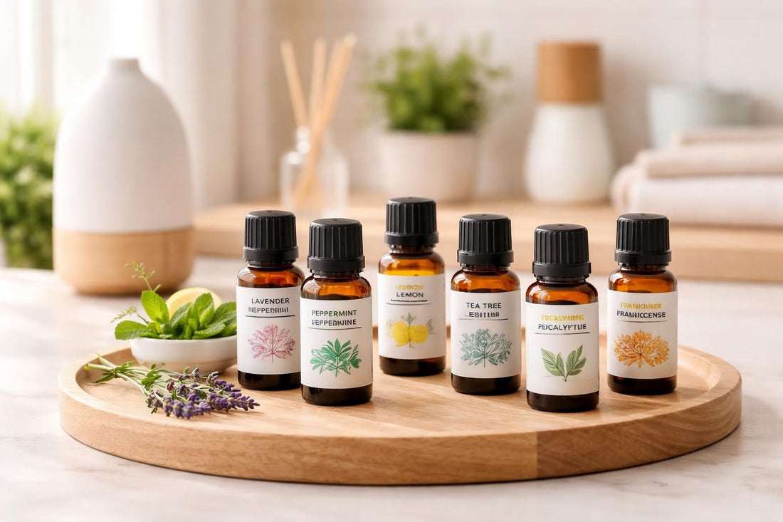 Beginner essential oil singles bottles arranged on a wooden tray
