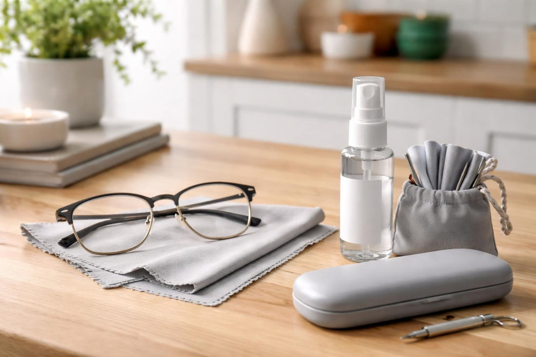 Beginner eyeglass care essentials with cloth, spray and case