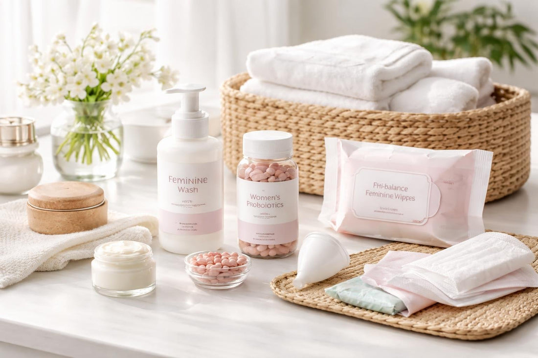 Beginner feminine care hygiene essentials laid out neatly