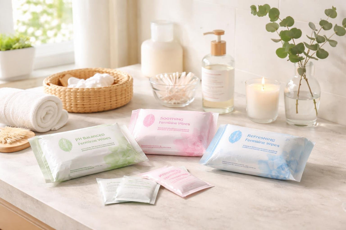 Beginner-friendly feminine wipes essentials range laid out neatly