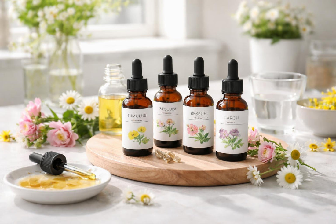 Beginner flower essence remedies collection with dropper bottles