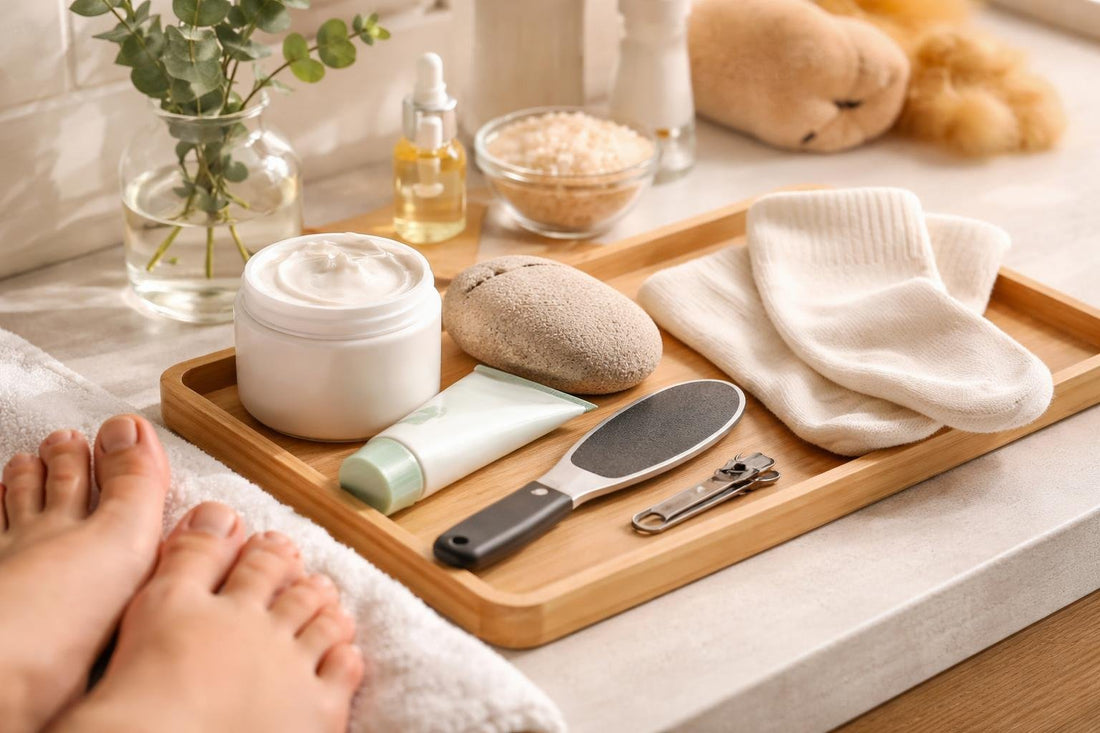Beginner foot care routine with cream, socks and file