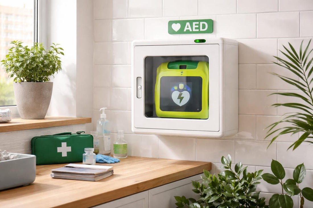 Beginner-friendly AED defibrillator in a wall cabinet