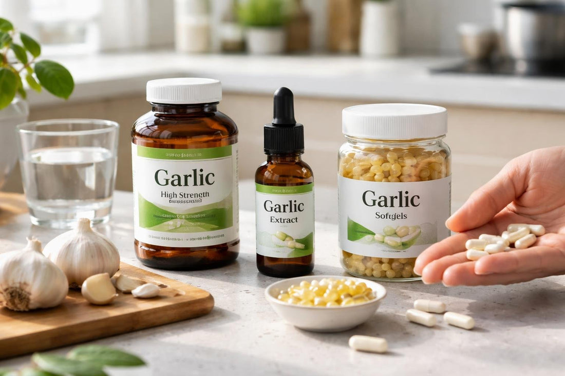 Beginner choosing garlic herbal supplement capsules at home