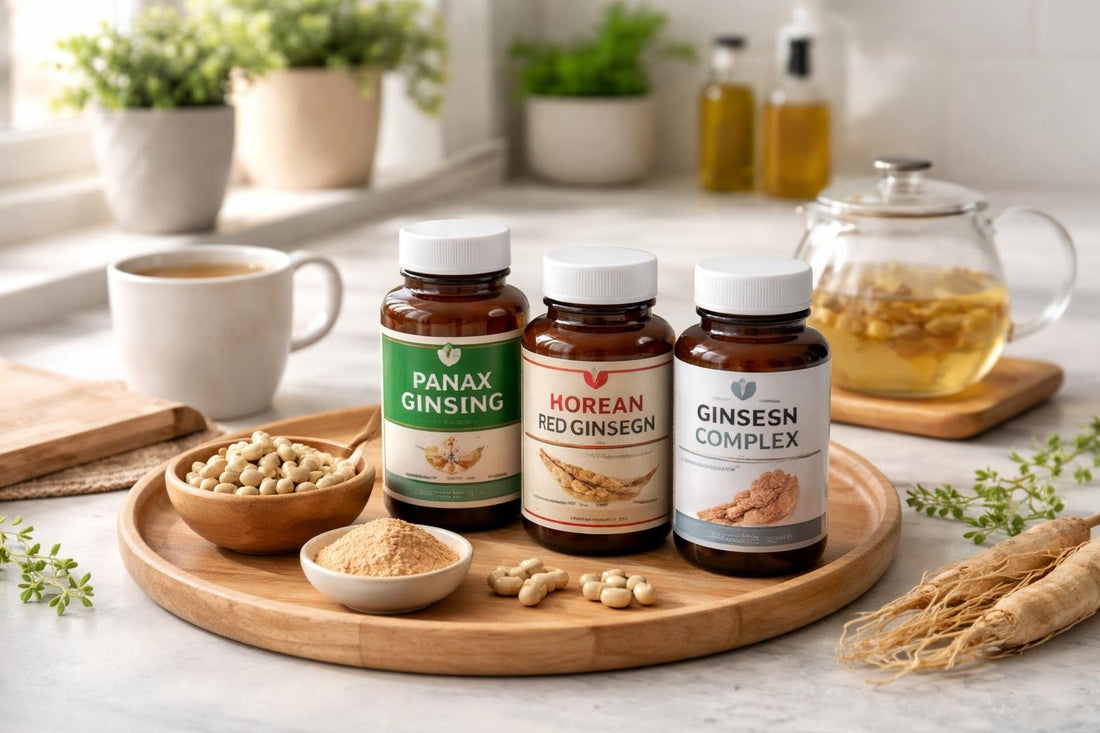 Beginner-friendly ginseng supplements and capsules on a kitchen counter