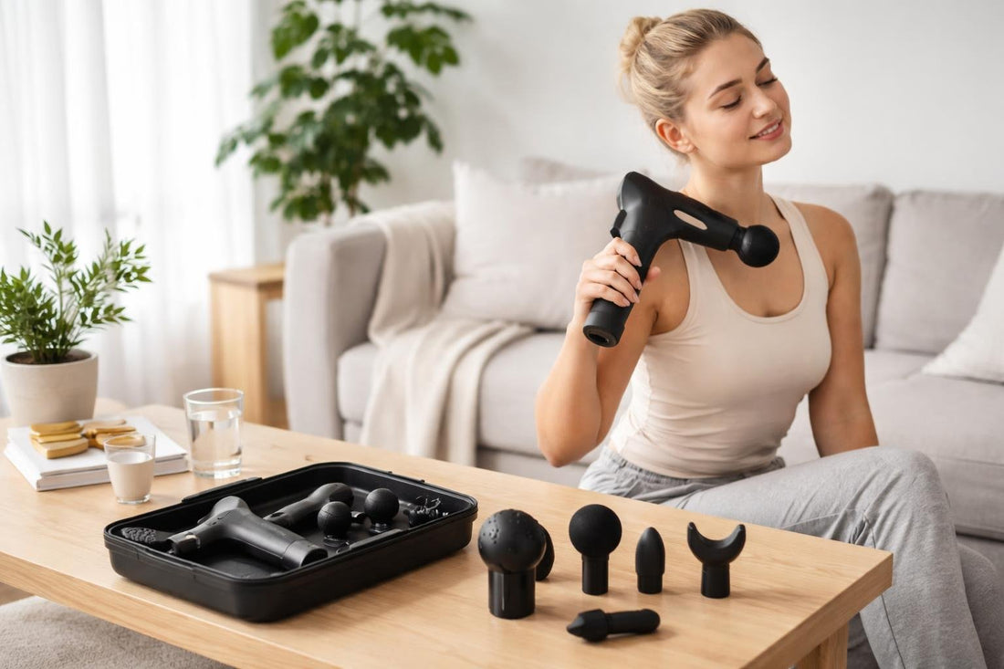 Beginner using handheld massager with multiple attachments at home