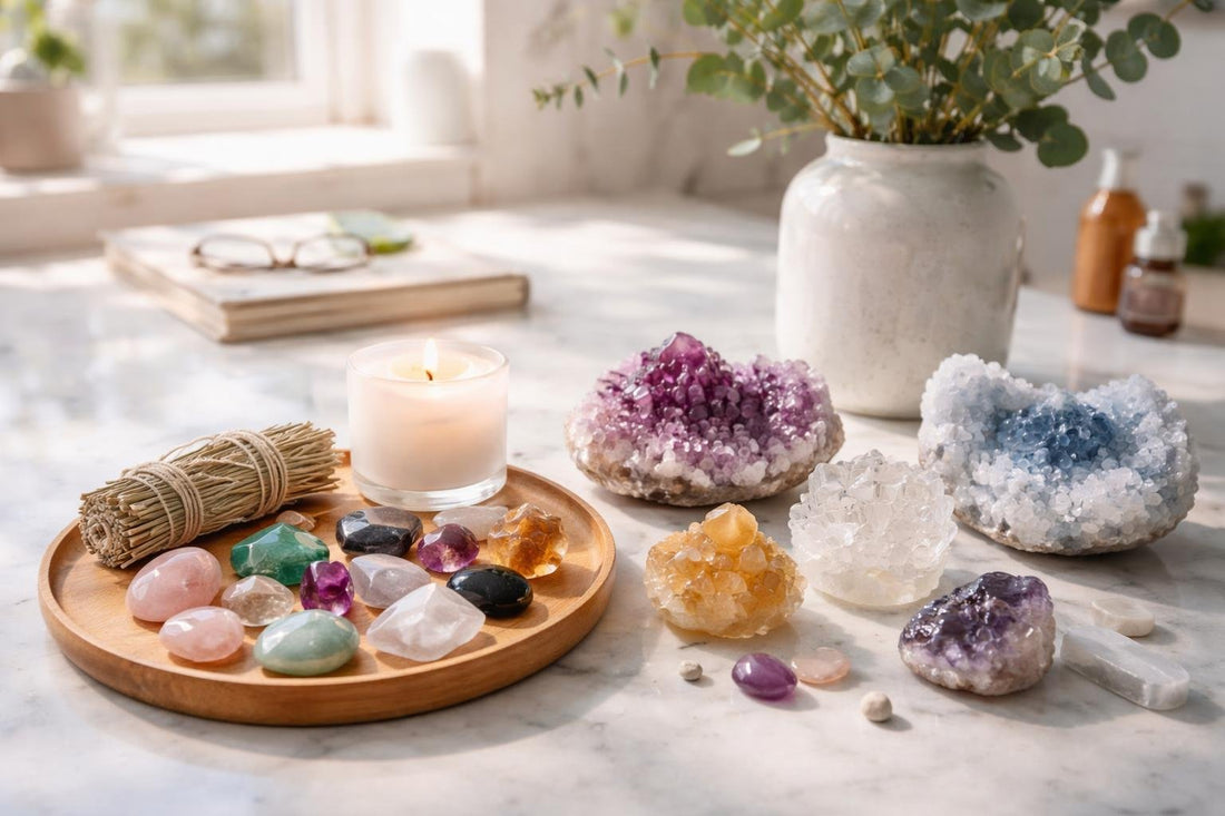 Beginner healing crystals collection with tumbled stones and clusters