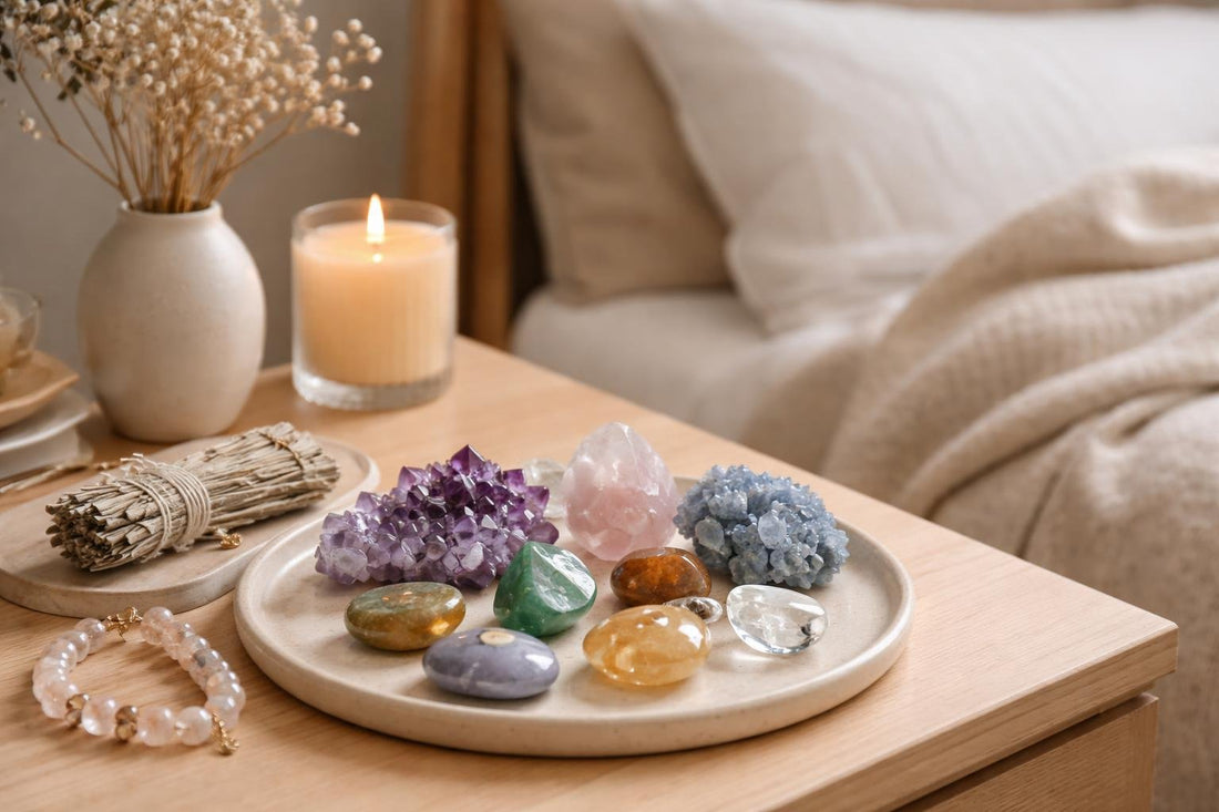 Beginner healing crystals arranged neatly on a bedside table