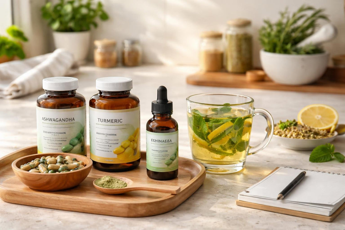 Beginner-friendly herbal supplement essentials laid out on a kitchen counter