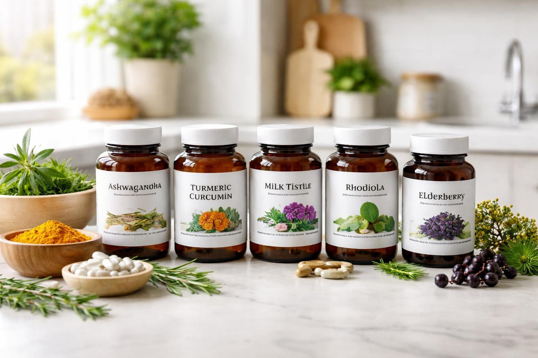 Beginner-friendly herbal supplement bottles with herbs on a kitchen counter