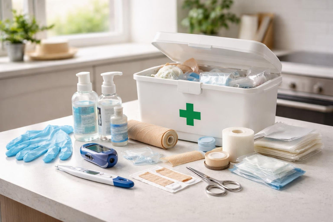 Beginner home care kit with bandages, thermometer and gloves