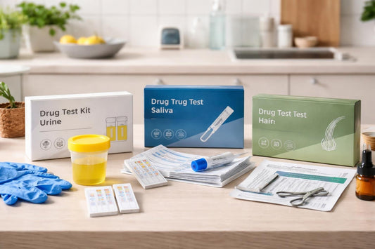 Beginner-friendly home drug test kits laid out on table