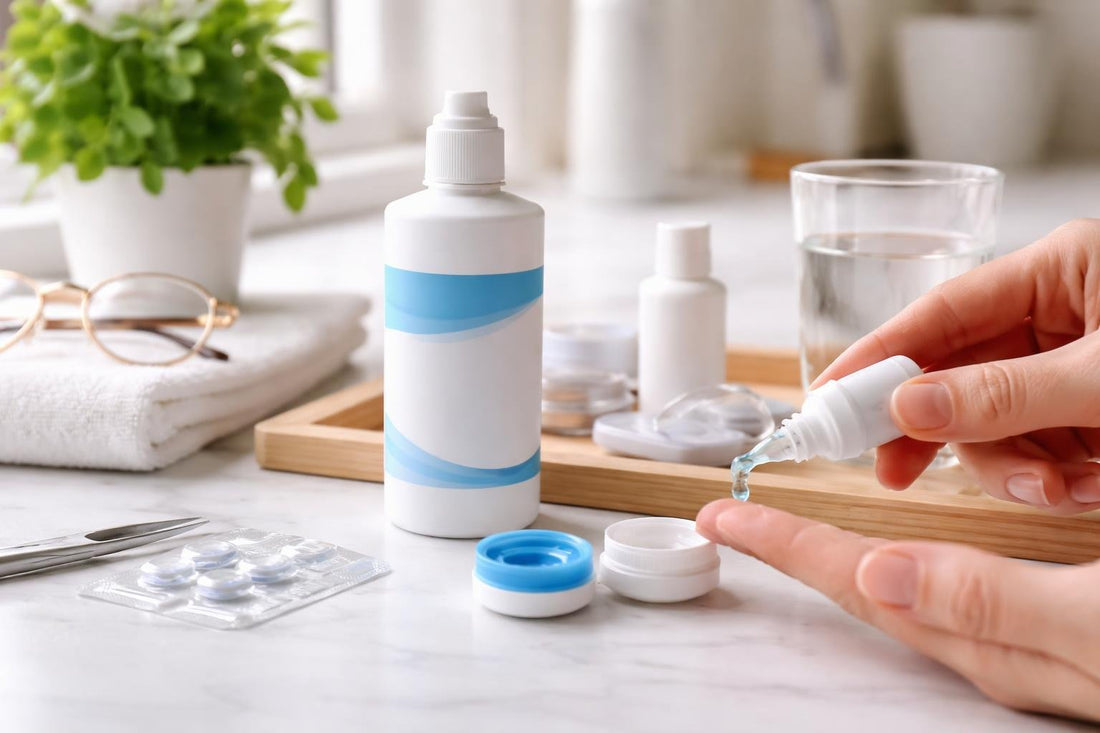 Beginner cleaning contact lenses with fresh multipurpose solution