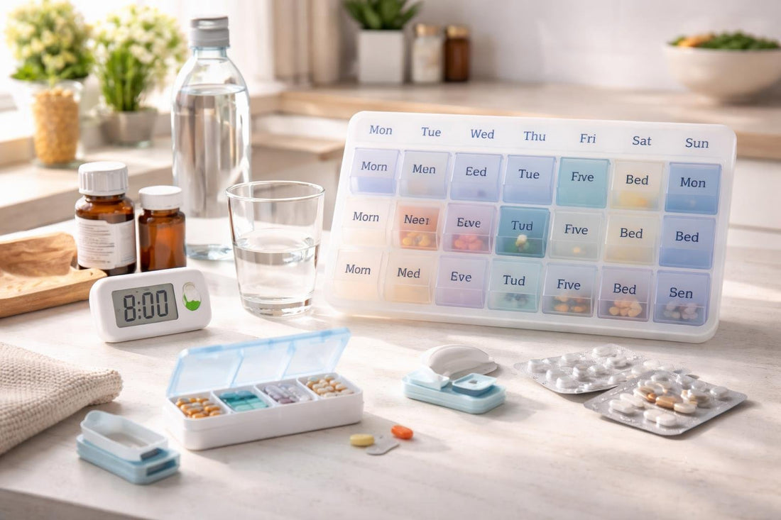 Beginner-friendly medication aids arranged for a weekly routine