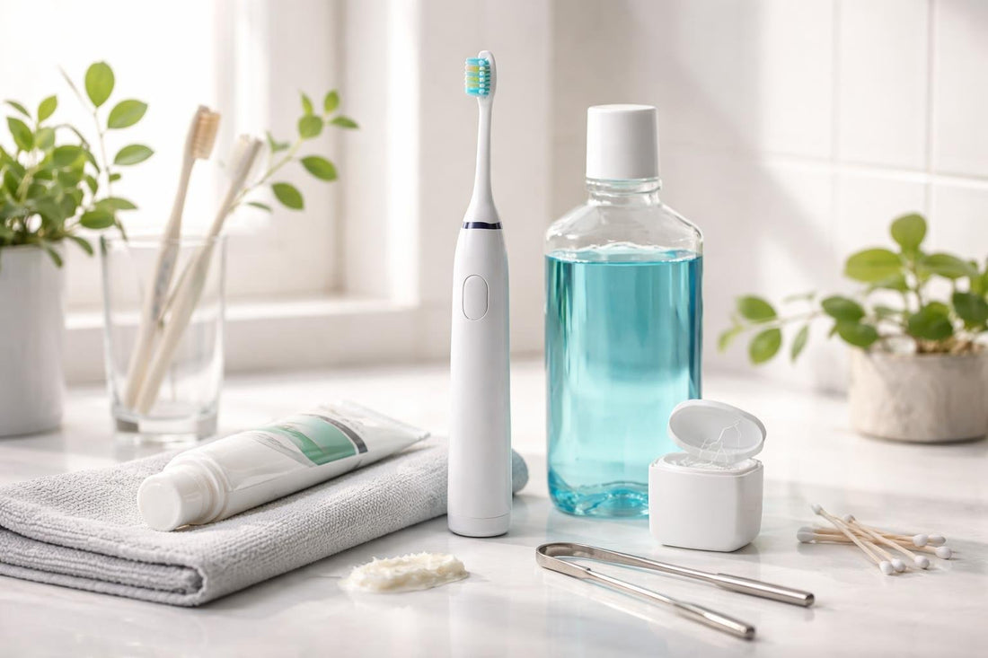 Beginner oral care essentials laid out on bathroom counter
