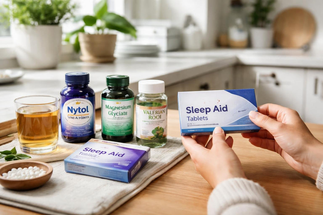 Beginner reading OTC medicinal sleep aid labels in UK