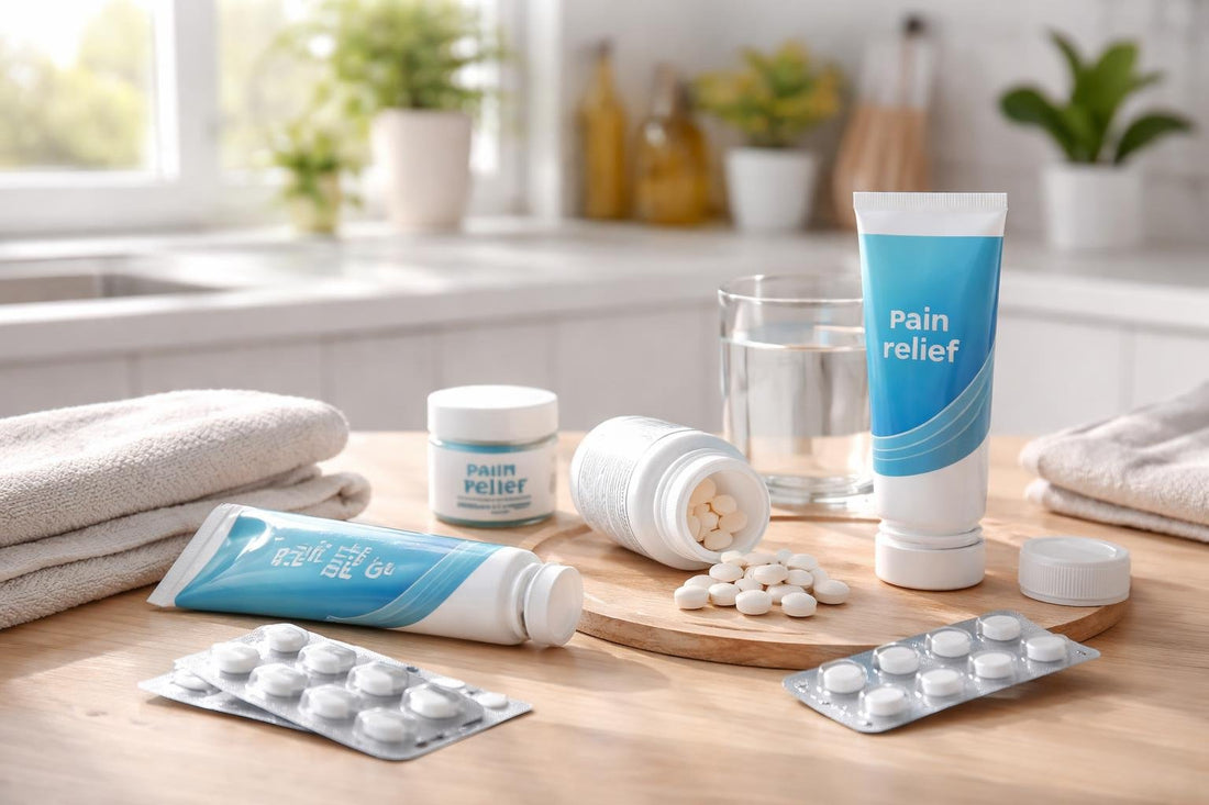 Beginner choosing pain relief gel and tablets at home