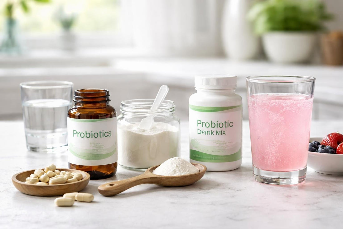 Beginner choosing probiotic capsules powder and drink options