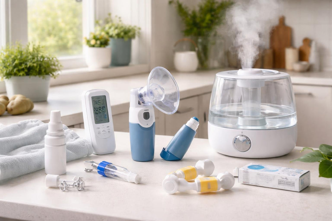 Beginner respiratory aids and accessories laid out for daily use